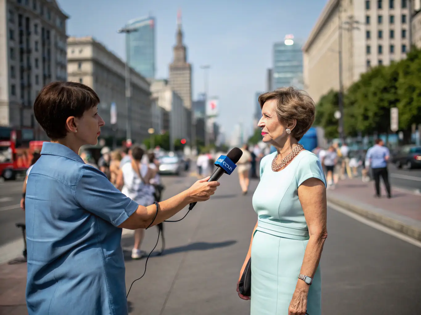 A journalist holding a microphone, interviewing a person in a public space. The background shows a busy city street with people passing by.