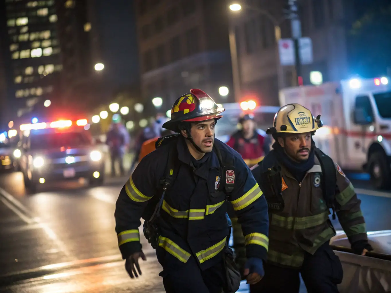 A dramatic photograph of emergency responders in action, showcasing the intensity and urgency of their work. The scene is a nighttime emergency response with flashing lights and dedicated professionals.